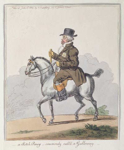 Un Poney Escocés, comúnmente llamado Galloway, publicado por Hannah Humphrey en 1803 de James Gillray