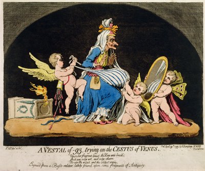 Una Vestal de -93 probándose el Cestus de Venus, publicado por Hannah Humphrey en 1793 de James Gillray