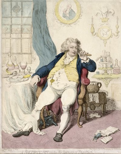 Un voluptuario bajo los horrores de la digestión, publicado por Hannah Humphrey en 1792 de James Gillray