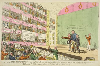 Magistrados actuando comprometiéndose, siendo su primera aparición en el Teatro Nacional de Covent Garden de James Gillray