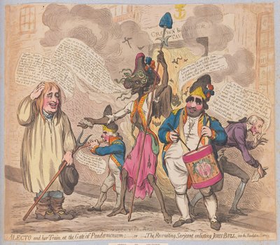 Alecto y su séquito en la puerta del Pandemonium o el sargento reclutador alistando a John Bull en el servicio de la revolución de James Gillray