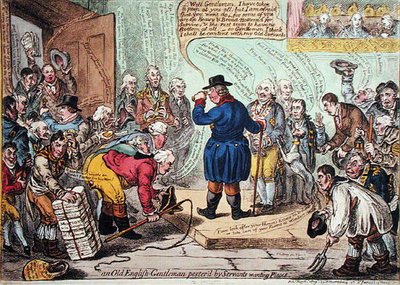 Un viejo caballero inglés acosado por sirvientes que buscan empleo de James Gillray