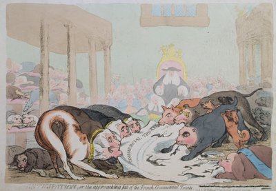 Anticipación, o El Destino Inminente del Tratado Comercial Francés, publicado por W. Holland en 1786 de James Gillray