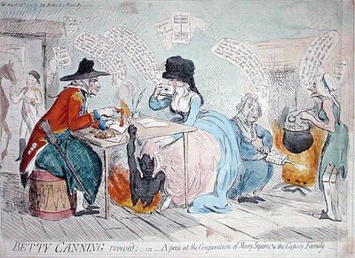 Betty Canning revivida, o Un vistazo a la conjuración de Mary Squires y la Familia Gitana, publicado por J.M. Fobes en 1791 de James Gillray