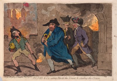 Blood & Co. incendiando la torre y robando la corona de James Gillray