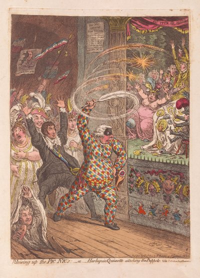Volando los Pic Nics o Harlequin Quixotte atacando a los títeres, pub. 1804 de James Gillray