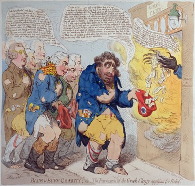 Caridad azul y buff, o El patriarca del clero griego solicitando alivio, publicado por Hannah Humphrey en 1793 de James Gillray