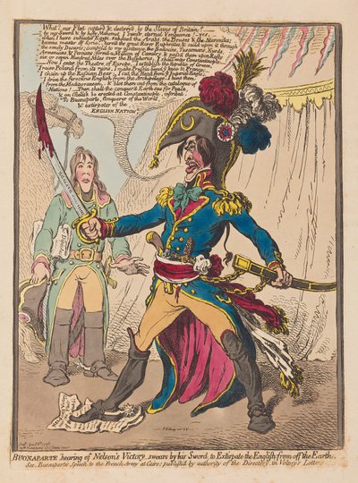 Bonaparte al escuchar la victoria de Nelson jura por su espada extirpar a los ingleses de la tierra, 1798 de James Gillray