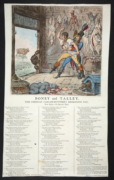 Boney y Talley, El día del ajuste de cuentas de los carniceros corsos - ¡Día sin cuartel!, pub. 1803 (grabado coloreado a mano) de James Gillray