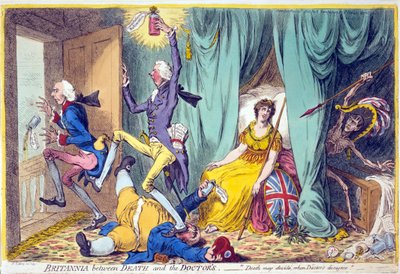 Britannia entre la Muerte y los Doctores de James Gillray