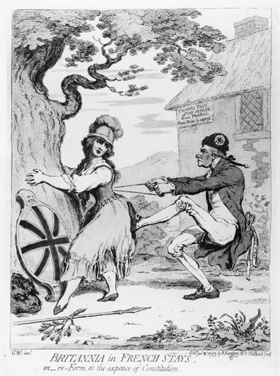 Britannia en corsés franceses, o Reforma a expensas de la Constitución, publicado por Hannah Humphrey en 1793 de James Gillray