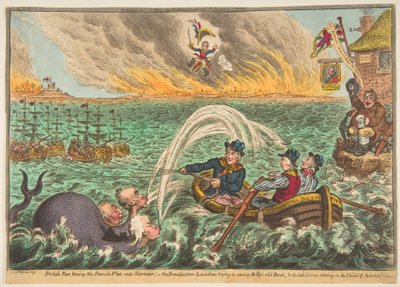 Marineros británicos remolcando la flota danesa al puerto, el Leviatán de fondo amplio..., 1 de octubre de 1807 de James Gillray
