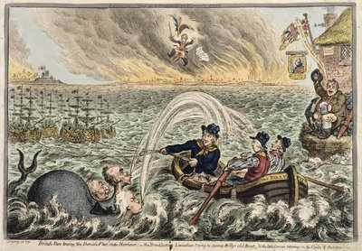 Marineros Británicos remolcando la Flota Danesa al Puerto, o El Leviatán de Fondo Ancho tratando de hundir el Viejo Barco de Billy, y el pequeño Corso tambaleándose en las Nubes de la Ambición, 1807 de James Gillray