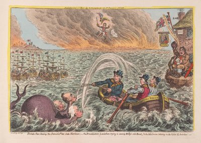 Marineros británicos remolcando la flota danesa al puerto: el Leviatán de fondo ancho tratando de hundir el viejo barco de Billy, y el pequeño corso tambaleándose en las nubes de la ambición de James Gillray