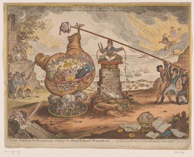 Spotprent de la política británica, 1807 Matemático político, Sacudiendo los hemisferios del fondo ancho (título en el objeto) de James Gillray