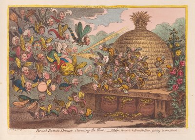 Zánganos de fondo ancho asaltando la colmena: avispas, avispones y abejorros uniéndose al ataque de James Gillray