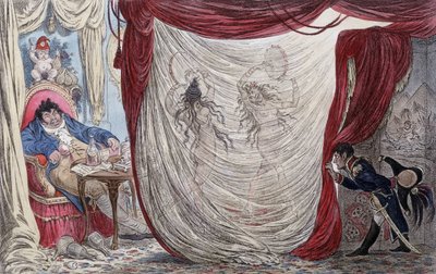 Caricatura sobre Napoleón, Paul Barras, Josefina y Mademoiselle de Fontenay, también llamada Teresa (Theresa o Terezia) Cabarrus, conocida como Madame Tallien (Talien) o estas damas bailan desnudas para Barras, bajo la mirada furtiva de Napoleón [Josefina  de James Gillray