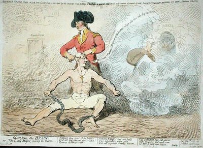 Enfriando el cerebro, o El pequeño alcalde afeitando al barbero de James Gillray