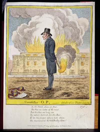 Consejero O.P., defensor de nuestras Libertades Teatrales, mostrando el incendio del Teatro Covent Garden, pub. por Hannah Humphrey, 1809 de James Gillray