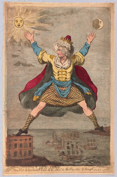 Dun-Shaw, un pie en Leadenhall Street y el otro en la provincia de Bengala de James Gillray