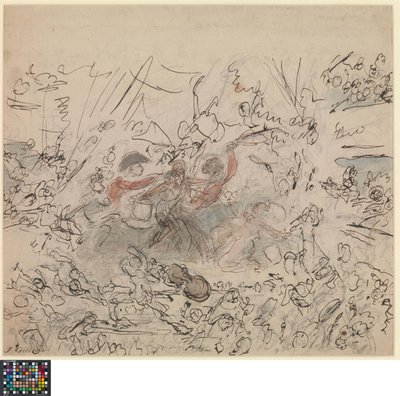 Holandés: El espectáculo del mundo: Las guerras napoleónicas (anverso).  Lista de temas "dignos del talento de los artistas británicos" (verso). de James Gillray