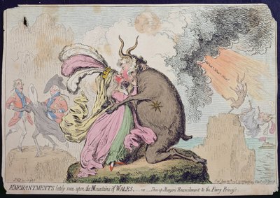 Encantamientos vistos recientemente en la Montaña de Gales, o la Reconciliación de Shon-ap-Morgan con la Princesa Hada, publicado por Hannah Humphrey en 1796 de James Gillray