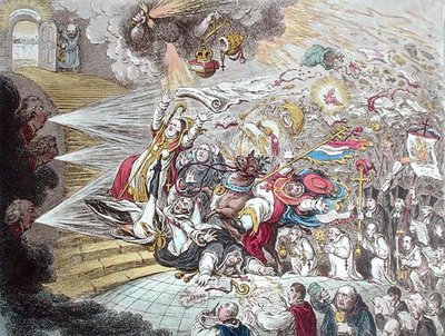 Fin de la Farsa Irlandesa de la Emancipación Católica, publicado por Hannah Humphrey en 1805 de James Gillray