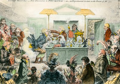 Sátira inglesa sobre la ciencia: nuevos descubrimientos en materiales neumáticos. Dibujo satírico sobre el entusiasmo por las conferencias científicas en el siglo XIX de James Gillray