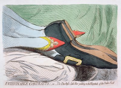 Contrastes de moda, o el pequeño zapato de la duquesa cediendo a la magnitud del pie del duque, publicado por Hannah Humphrey en 1792 de James Gillray
