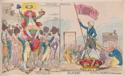 Francia Libertad, Gran Bretaña Esclavitud, pub. 1789 (grabado coloreado a mano) de James Gillray