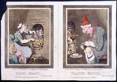 Freír espadines, o cena real, y tostar muffins, o desayuno real, publicado por Hannah Humphrey en 1791 de James Gillray