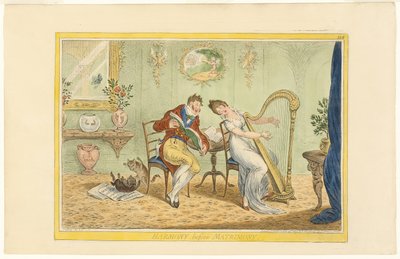 Armonía antes del matrimonio (recto); Despejando la puerta de las cinco barras (verso) de James Gillray