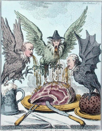 Harpías Destruyendo el Banquete, publicado por Hannah Humphrey en 1799 de James Gillray