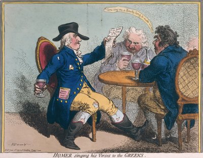 Homero cantando sus versos a los griegos, publicado por Hannah Humphrey en 1797 de James Gillray