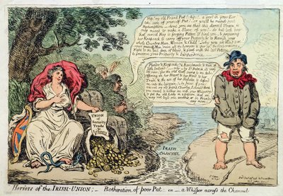 Horrores de la Unión Irlandesa: Molestia del Pobre Pat, o Un Susurro a través del Canal, publicado por Hannah Humphrey en 1798 de James Gillray
