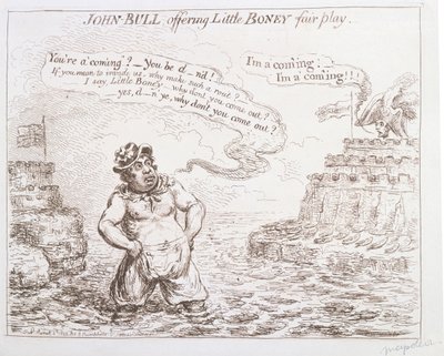 John Bull ofreciendo juego limpio a Little Boney, publicado por Hannah Humphrey en 1803 de James Gillray