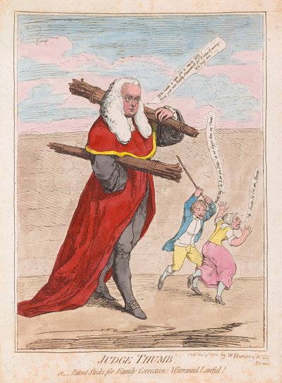 Juez Thumb, o Palos de Patente para la Corrección Familiar Garantizados Legales de James Gillray