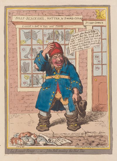 La Bonnet Rouge o John Bull evadiendo el impuesto del sombrero, pub. 1797 (grabado coloreado a mano) de James Gillray