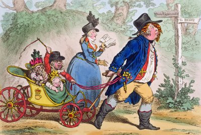 La promenade en famille, o Un boceto de la vida, publicado por Hannah Humphrey en 1797 (aguafuerte coloreado a mano) de James Gillray