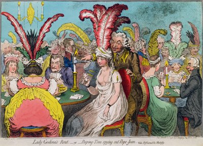 La ruta de Lady Godiva, o Peeping-Tom espiando a Pope-Joan, publicado por Hannah Humphrey en 1796 de James Gillray