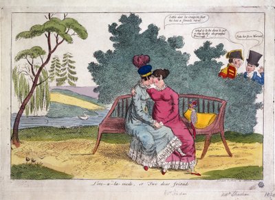 Lady Strachan y Lady Warwick hacen el amor en un parque, mientras sus maridos miran con desaprobación. de James Gillray