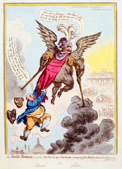 Le Diable-Boiteux, o El Diablo sobre Dos Palos Llevando a John Bull a la Tierra de la Promesa, publicado por Hannah Humphrey en 1806 de James Gillray