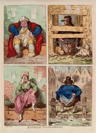 Mercancías nacionales. (descripción y comparación de baños en Inglaterra, Escocia, Francia y Holanda). Obra de James Gillray (1757-1815), grabado y acuarela de James Gillray