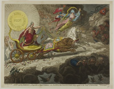 La luz expulsando la oscuridad, evaporación de exhalaciones estigias, o el sol de la constitución, elevándose superior a las nubes de la oposición de James Gillray