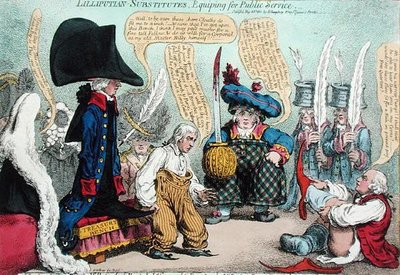 Sustitutos Lilliputienses, Equipándose para el Servicio Público, publicado por Hannah Humphrey en 1801 de James Gillray
