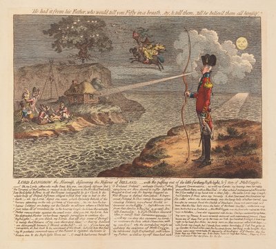 Lord Longbow, el alarmista, descubriendo las miserias de Irlanda, pub. 1798 (grabado coloreado a mano) de James Gillray