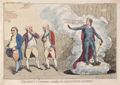 Malagrida y conspiradores, consultando el fantasma de Oliver Cromwell, pub. 1782 de James Gillray