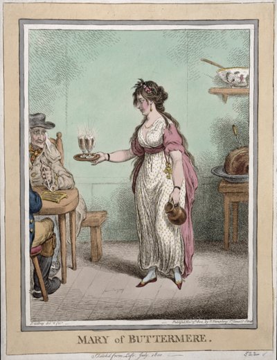 Mary de Buttermere, esbozada del natural en julio de 1800, publicada por Hannah Humphrey en 1802 de James Gillray