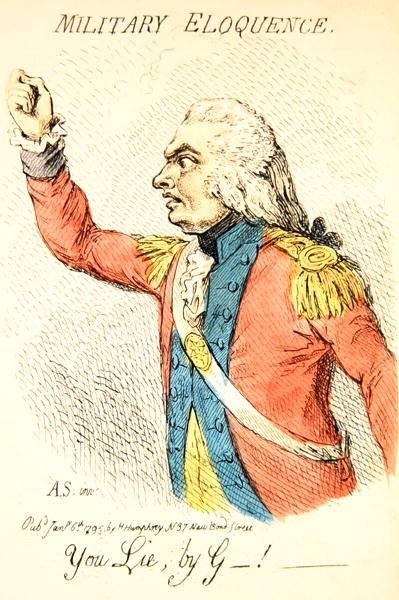 Elocuencia militar, una de ocho viñetas que representan diferentes tipos de elocuencia, publicada por Hannah Humphrey en 1795 (detalle) de James Gillray