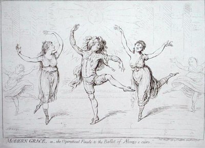 Gracia Moderna, o el Final Operático del Ballet de Alonzo e caro, publicado por Hannah Humphrey en 1796 de James Gillray